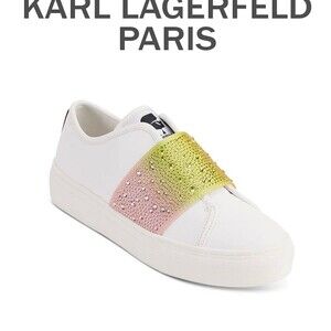 Karl Lagerfeld Paris Remmy Slip-On Sneakers White Rainbow Strap Womens
